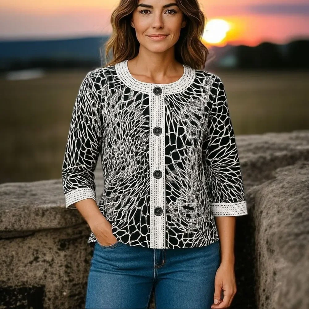Chicos Floral Sequin Jacket S White Black Embellished 3/4 Sleeve Button‎ Front